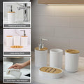 Go Hooked white ribbed plastic bathroom accessories set with soap dispenser, tumbler, toothbrush holder, and soap dish.