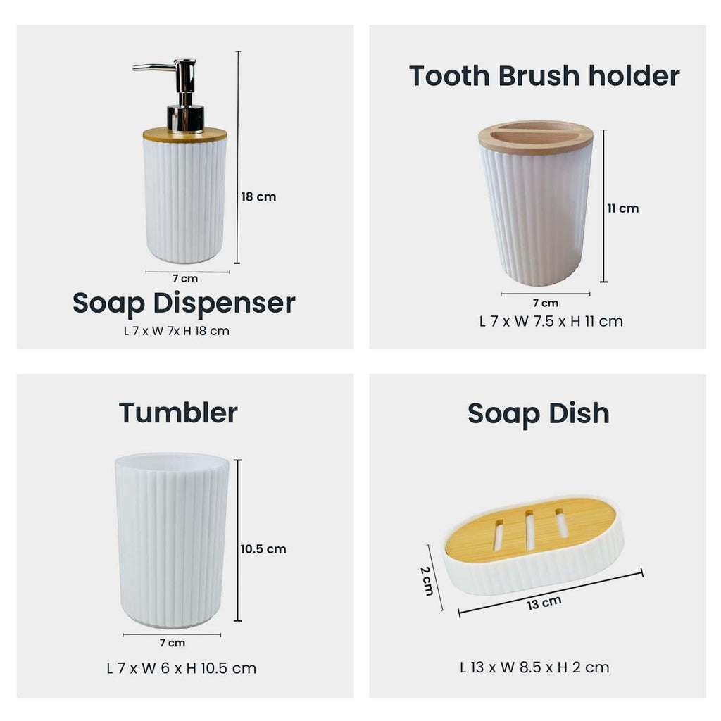 Go Hooked white ribbed plastic bathroom accessories set including soap dispenser, toothbrush holder, tumbler, and soap dish.