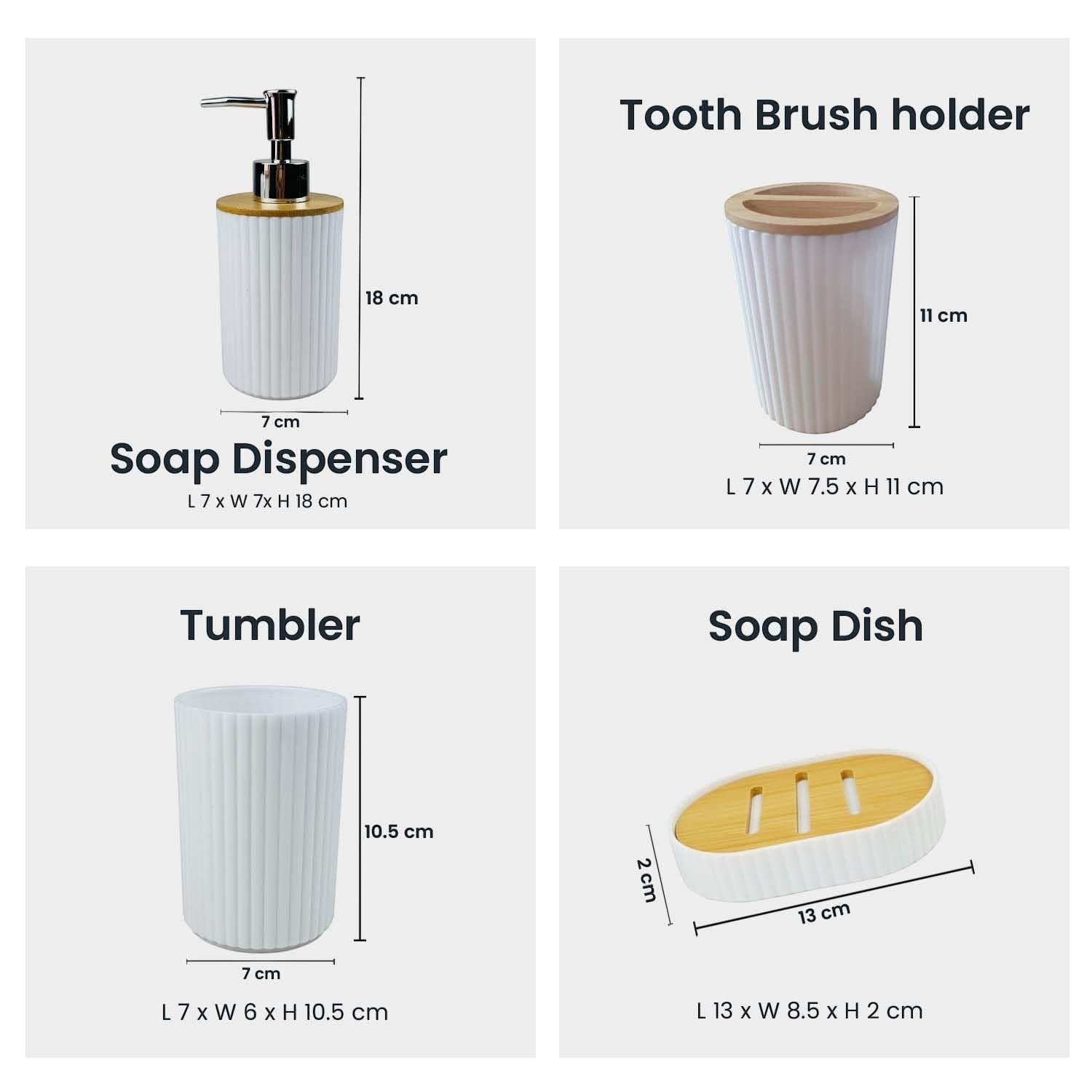 Go Hooked white ribbed plastic bathroom accessories set including soap dispenser, toothbrush holder, tumbler, and soap dish.
