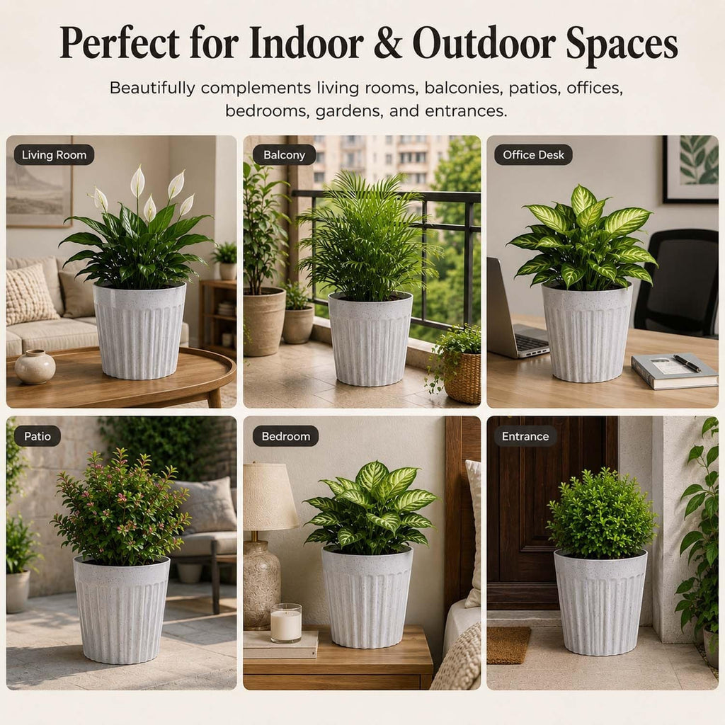 GoHooked set of 3 white marble texture ribbed plastic planter pots displayed in various indoor and outdoor home settings