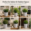 GoHooked set of 3 white marble texture ribbed plastic planter pots displayed in various indoor and outdoor home settings