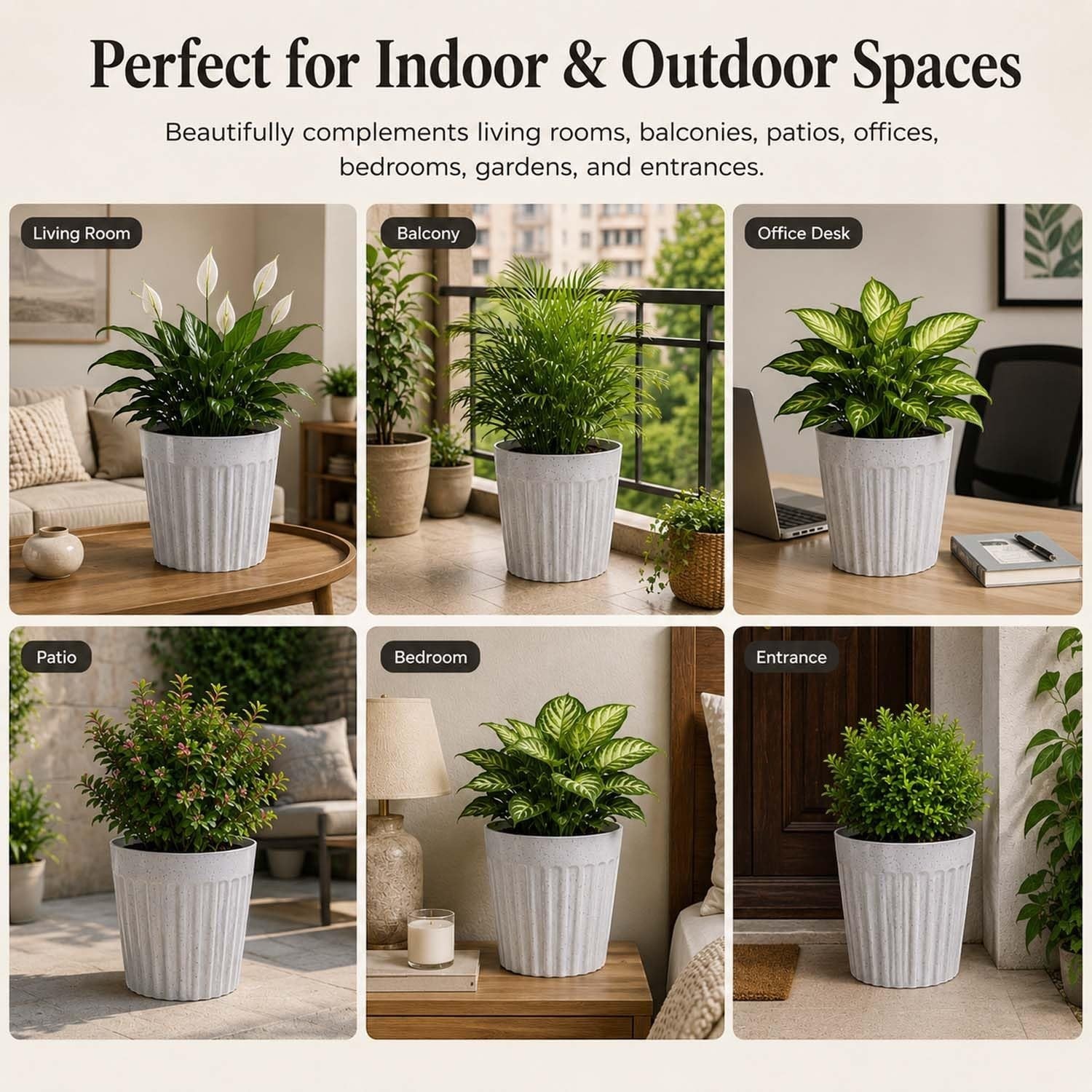 GoHooked set of 3 white marble texture ribbed plastic planter pots displayed in various indoor and outdoor home settings