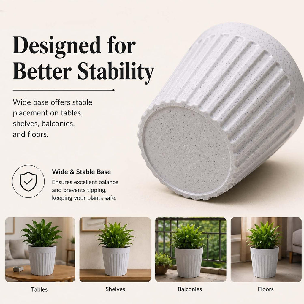 GoHooked white marble texture ribbed plastic planter pot with a wide stable base for indoor and outdoor plant display