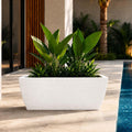 GoHooked white rectangular polymer planter with ribbed texture, 24x11 inches, featuring lush green plants.