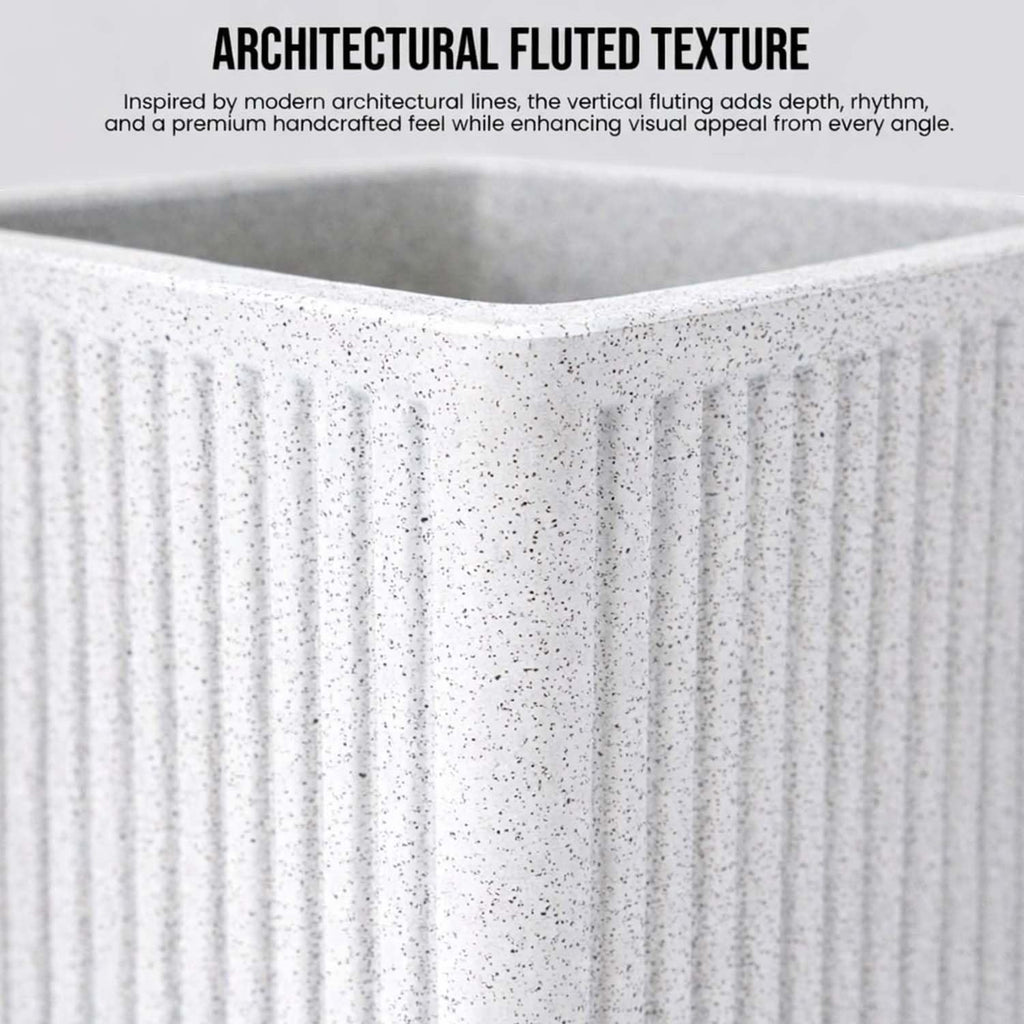 GoHooked white polymer planter with ribbed texture and speckled finish. Tall square design for indoor/outdoor use.