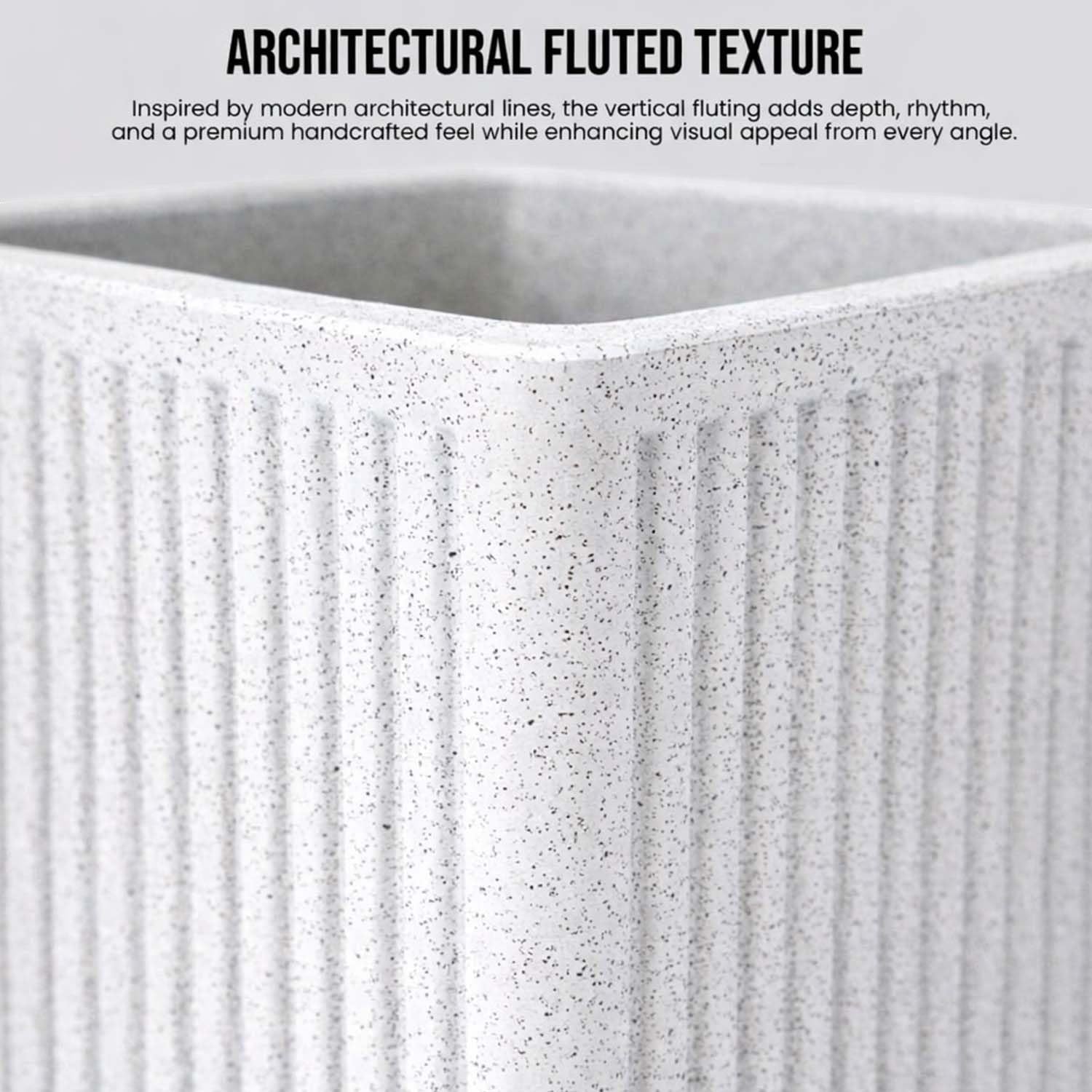 GoHooked white polymer planter with ribbed texture and speckled finish. Tall square design for indoor/outdoor use.