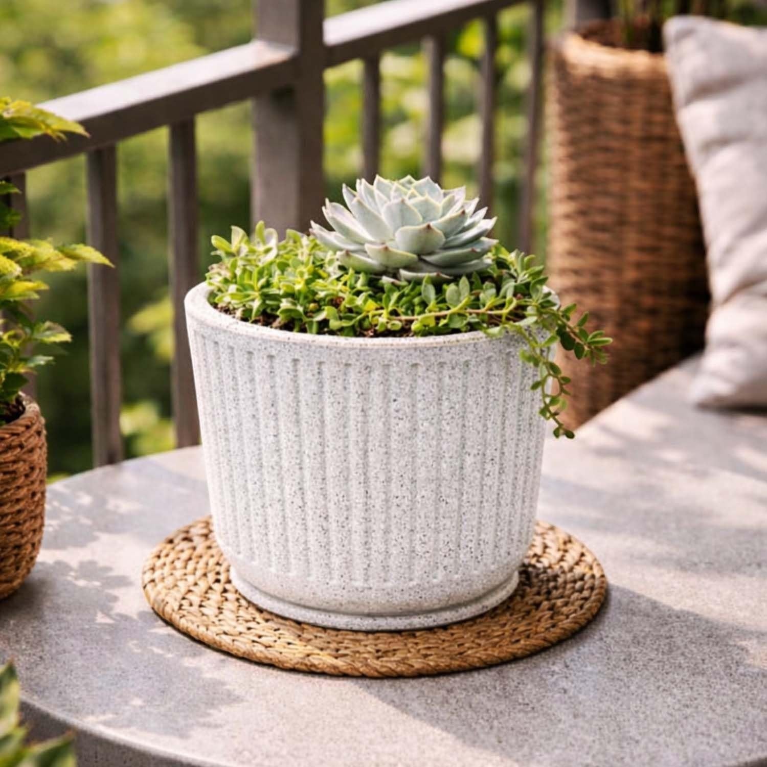 GoHooked white ribbed polymer planter with granite speckle and matching tray, holding a succulent.
