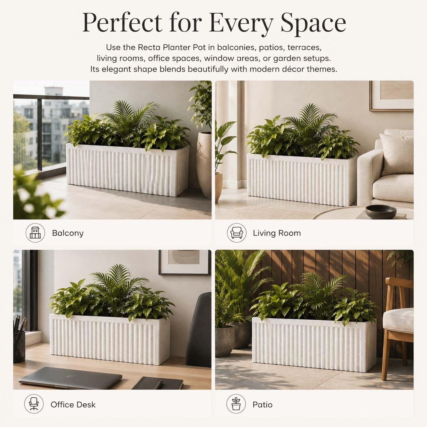 GoHooked white polymer rectangular planter pot with ribbed design, 20x9 inches, perfect for indoor/outdoor spaces.