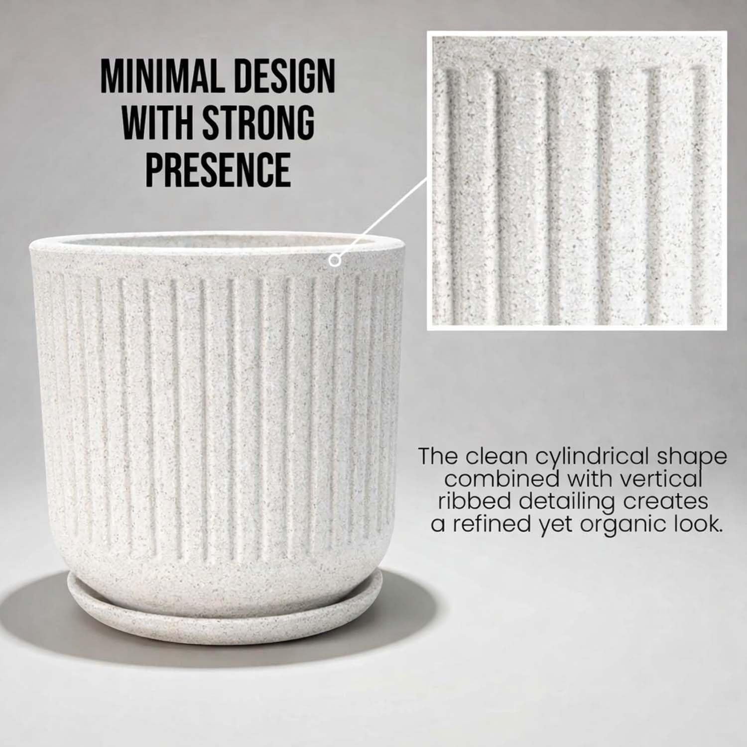 GoHooked white ribbed polymer planter pot with matching tray, granite speckled design, 12x11 inch.