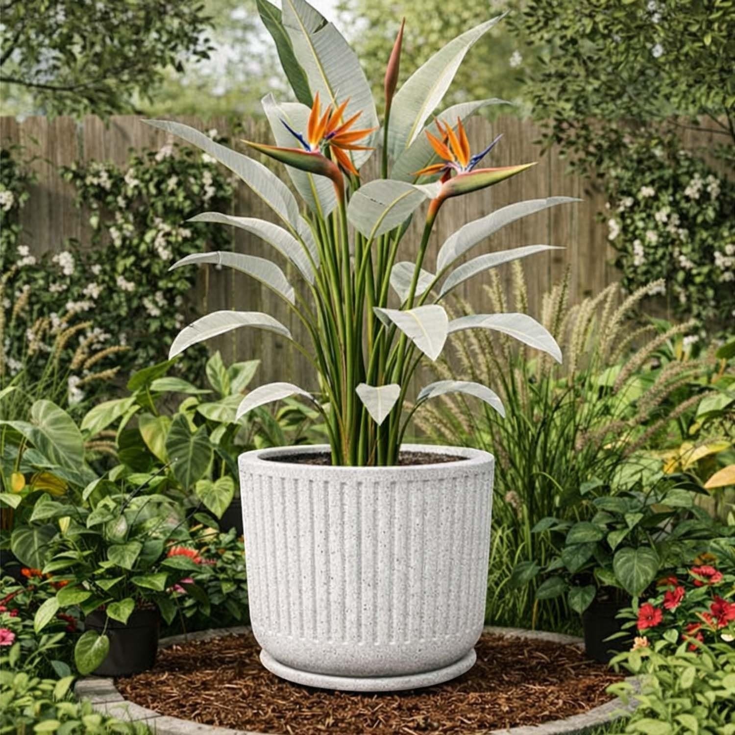 Go Hooked Cosmic Round Planter Pot with Tray (12×11 Inch, White) | Granite Speckled Ribbed Polymer Design | Decorative Plastic Flower Pot for Indoor Outdoor Plants, Balcony & Home Garden Décor
