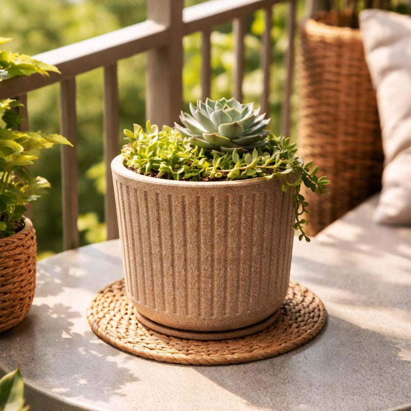 GoHooked ribbed polymer planter pot with tray, white with granite speckles, 12x11 inch, for indoor/outdoor plants.