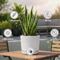 GoHooked white ribbed polymer planter with granite speckles and matching tray, 12x11 inch, for indoor/outdoor plants.