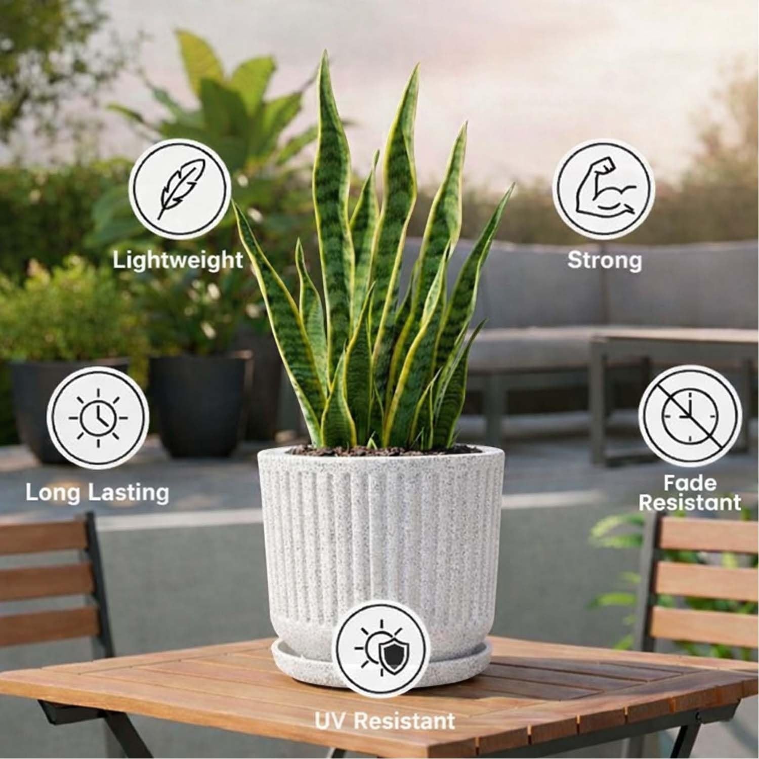 GoHooked white ribbed polymer planter with granite speckles and matching tray, 12x11 inch, for indoor/outdoor plants.