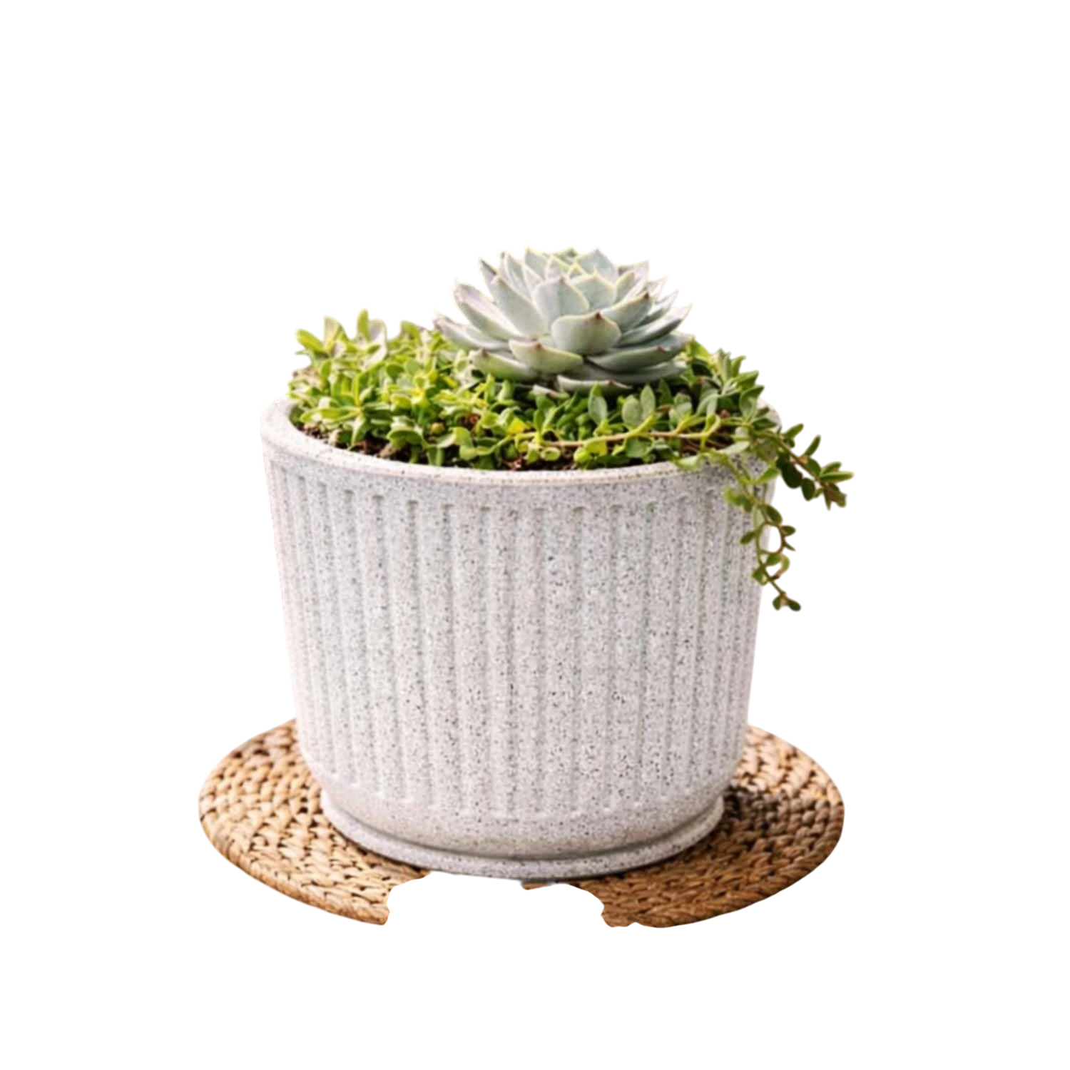 Go Hooked Cosmic Round Planter Pot with Tray (12×11 Inch, White) | Granite Speckled Ribbed Polymer Design | Decorative Plastic Flower Pot for Indoor Outdoor Plants, Balcony & Home Garden Décor