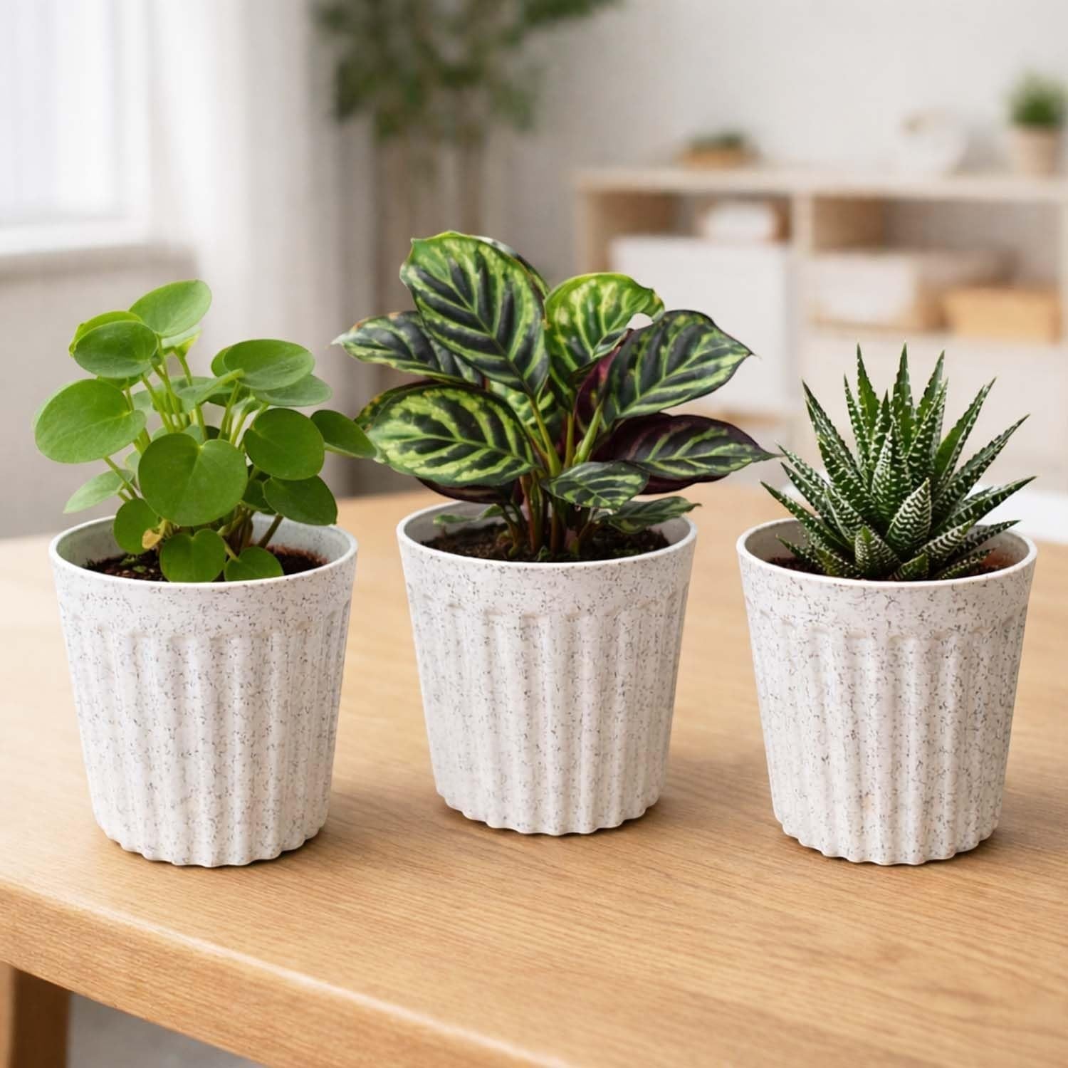 GoHooked white ribbed plastic indoor plant pots with marble finish, set of 7, perfect for succulents and small plants.
