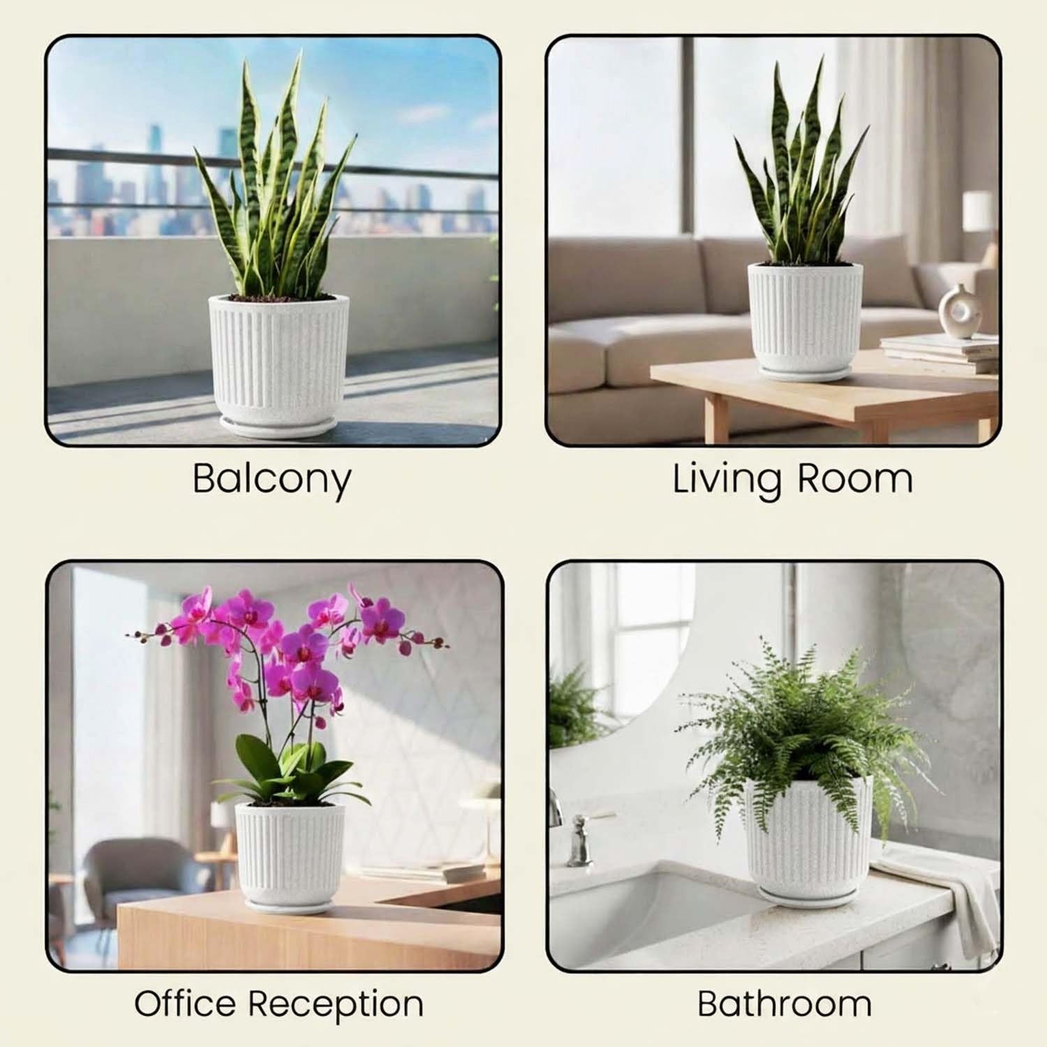 GoHooked white ribbed polymer planter pot with matching tray, 15x14 inch, granite speckled design.