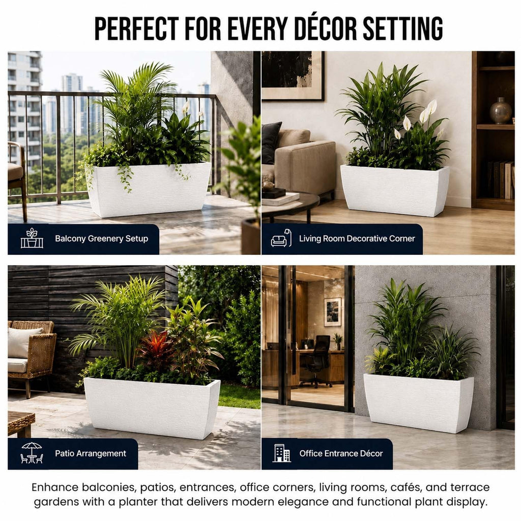 GoHooked white polymer rectangular planter with ribbed marble design, 36 inches, for indoor/outdoor use.