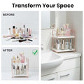 GoHooked white metal and polypropylene 2-tier shelf rack with rose gold accents, organizing skincare and makeup.