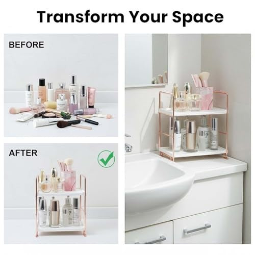 GoHooked white metal and polypropylene 2-tier shelf rack with rose gold accents, organizing skincare and makeup.