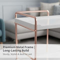 GoHooked white 2-tier shelf rack with rose gold metal frame. Ideal for countertop storage of skincare, spices, or office supplies.