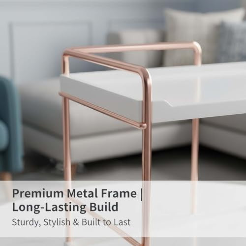 GoHooked white 2-tier shelf rack with rose gold metal frame. Ideal for countertop storage of skincare, spices, or office supplies.