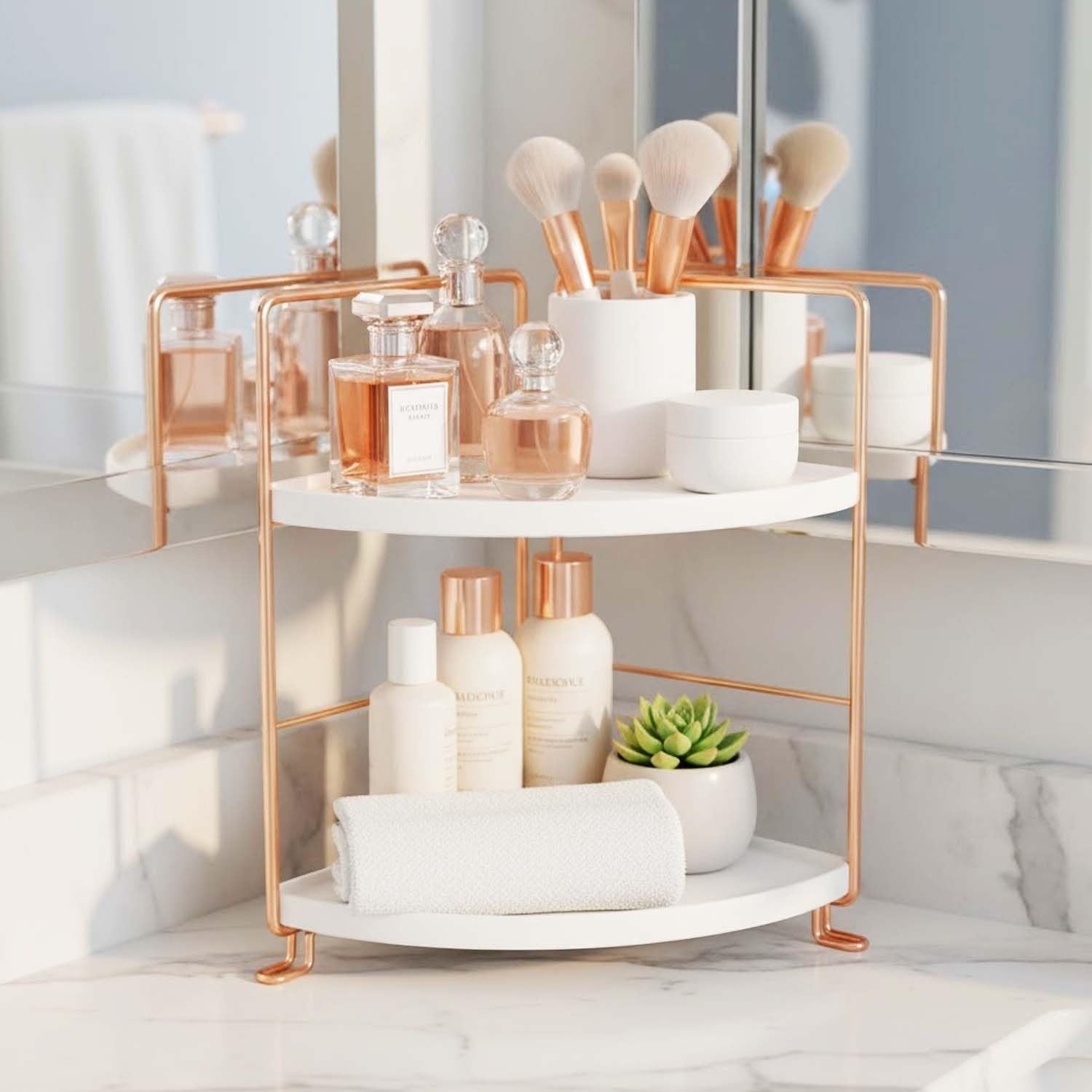 GoHooked white and rose gold 2-tier corner shelf rack holding perfumes, skincare, makeup brushes, and a rolled towel.
