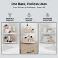 GoHooked white and rose gold 2-tier corner shelf rack for bathroom or vanity, holding skincare and perfumes.