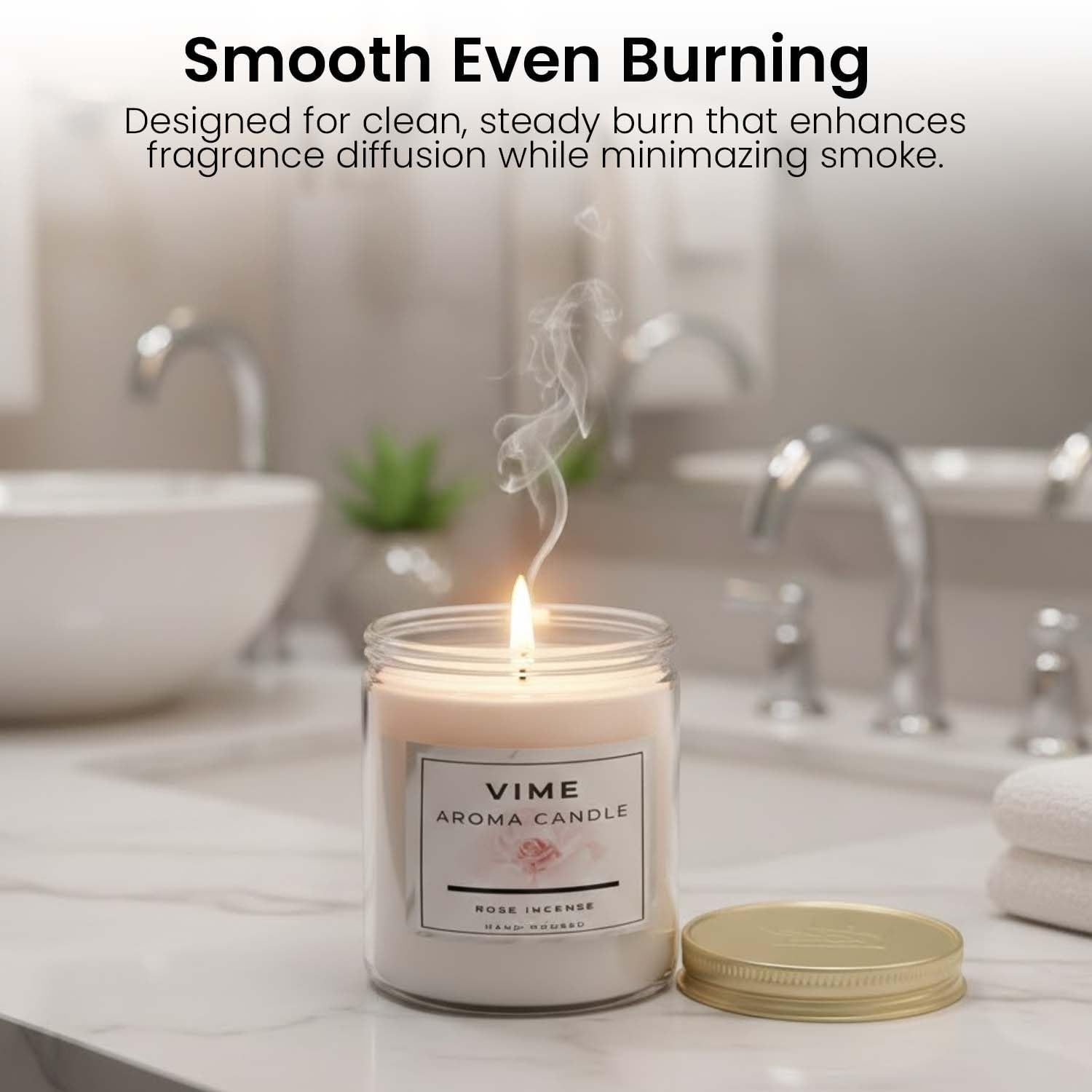 GoHooked white rose incense aroma candle in a glass jar with a gold lid, burning smoothly.