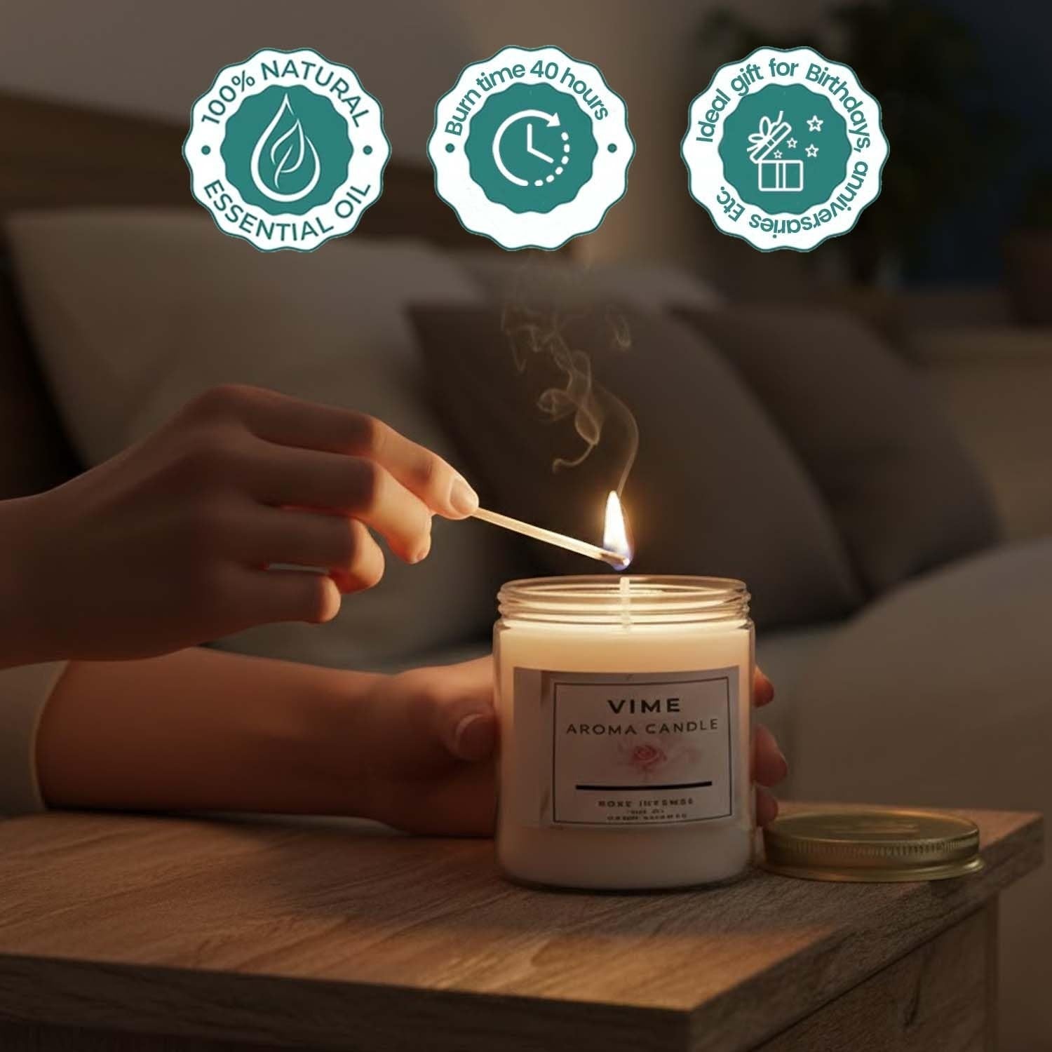 GoHooked white glass jar candle with rose incense scent, 120 gm, 35-hour burn time, ideal for aromatherapy and home decor.