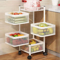 GoHooked white 4-tier rotating metal mesh storage cart with wheels, holding fruits and vegetables.