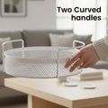 GoHooked white round metal storage tray with perforated sides and curved handles, perfect for home decor or organization.