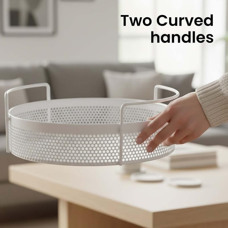 GoHooked white round metal storage tray with perforated sides and curved handles, perfect for home decor or organization.