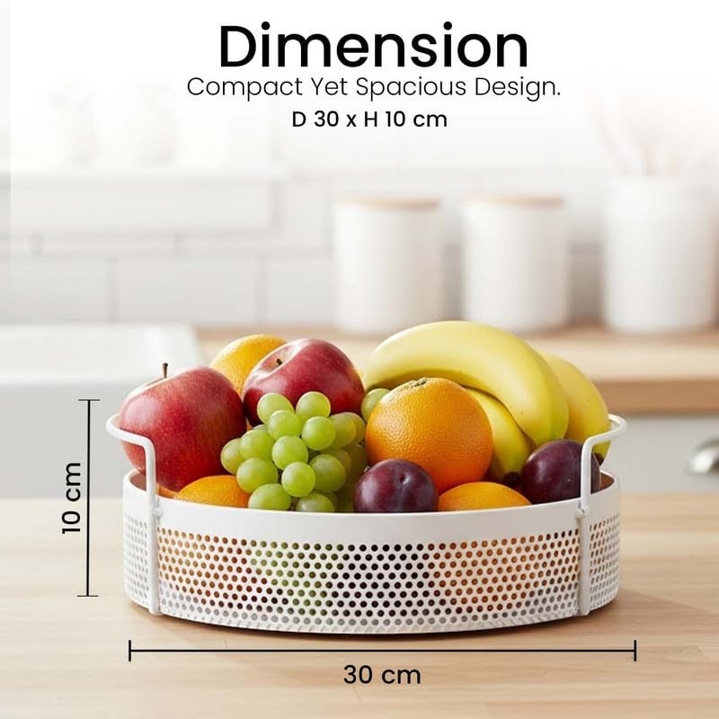 Go Hooked white round metal storage tray with perforated design, holding fruits. Features side handles and a 30cm diameter.