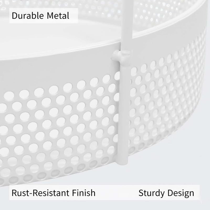 GoHooked white round metal storage tray with perforated design and sturdy handles. Ideal for home decor.