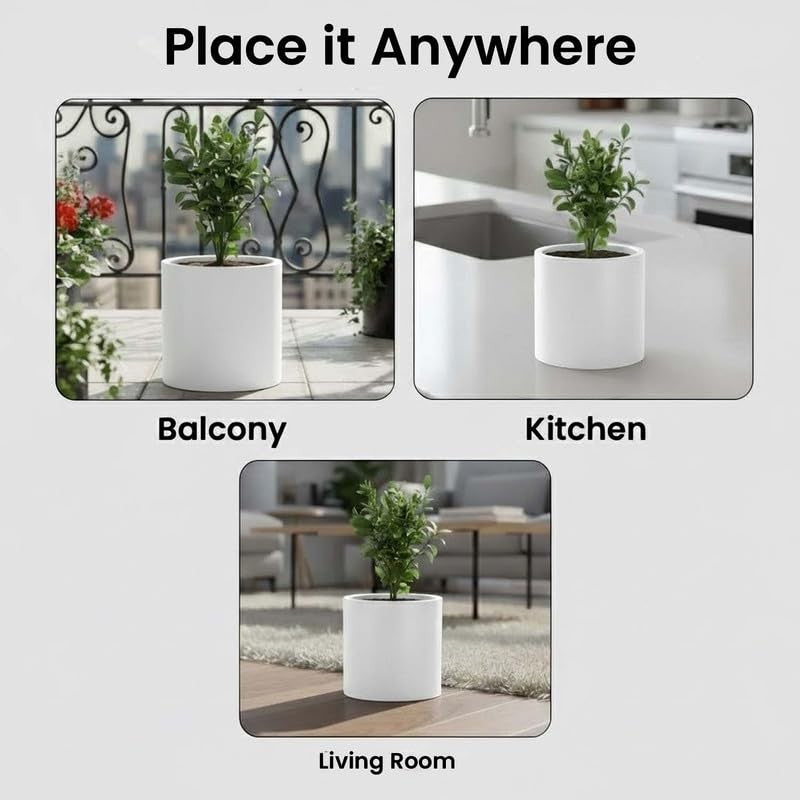 Go Hooked 10-inch white round polymer planter pot with drainage hole, shown on a balcony, kitchen counter, and living room.