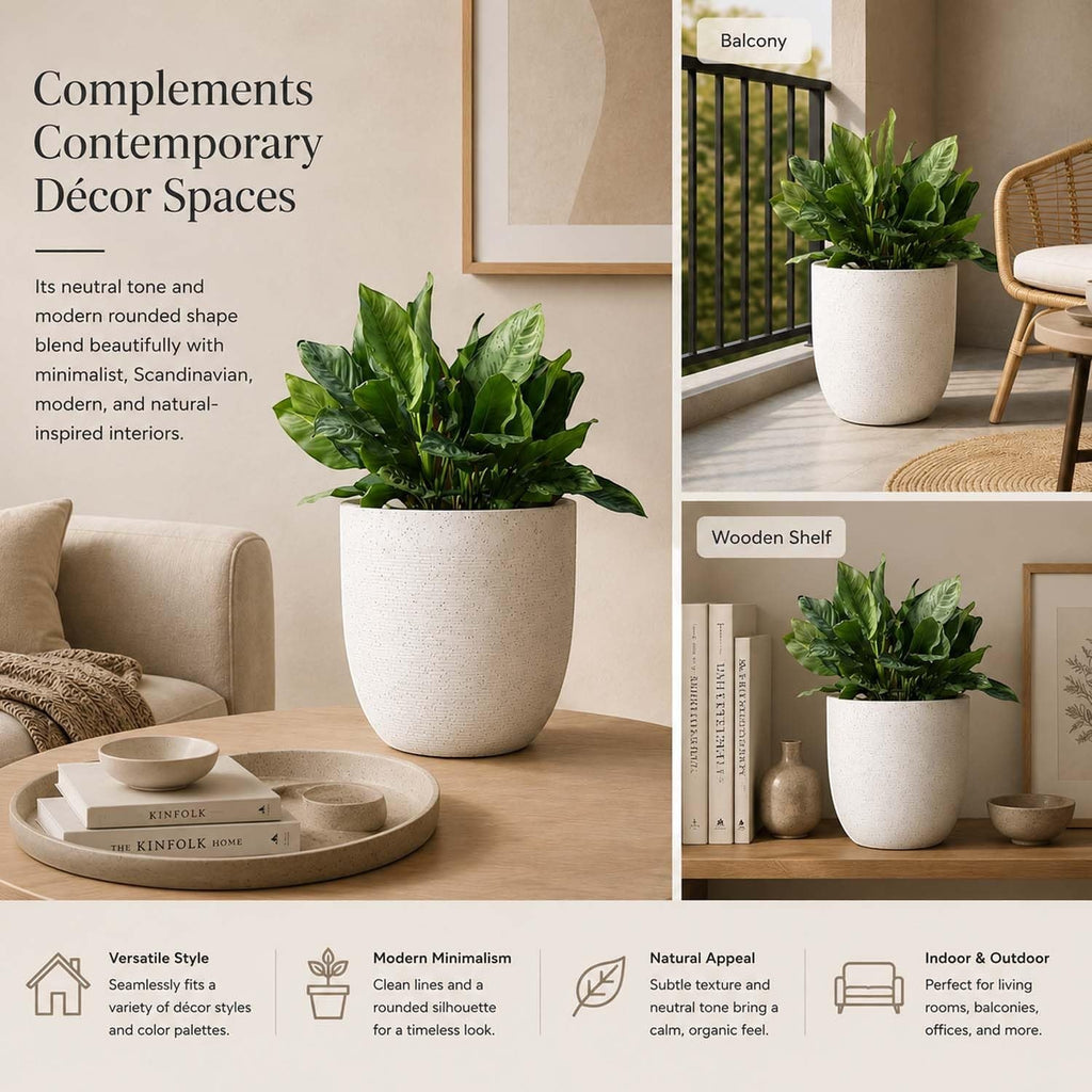 Go Hooked 12-inch white speckled polymer planter pot with a rounded shape and textured finish, ideal for indoor or outdoor plants.