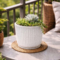 GoHooked white granite speckled ribbed polymer planter pot with matching tray, 15x14 inch, modern design for indoor/outdoor plants.