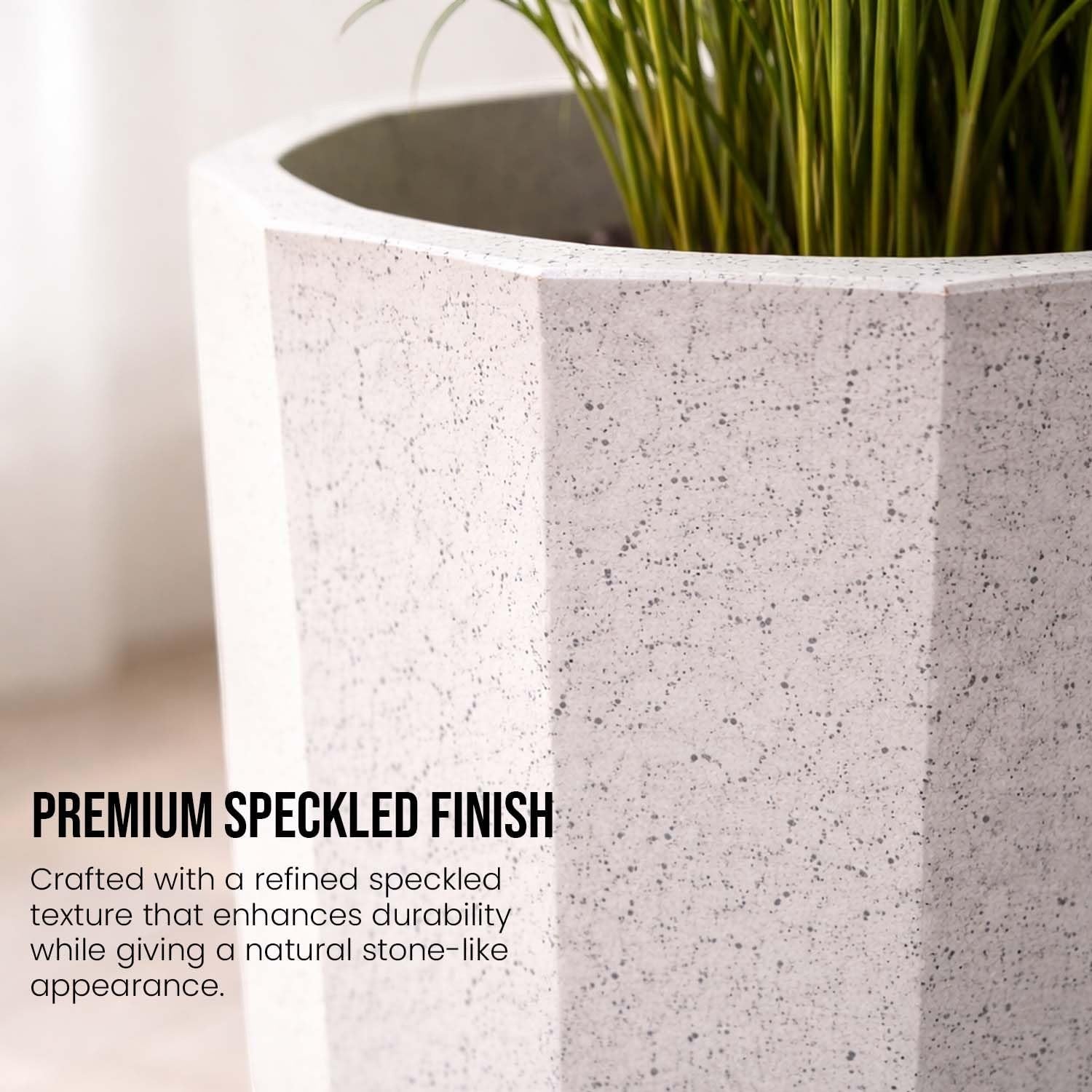 GoHooked modern white speckled polymer planter pot with faceted design and matching tray. 14.5 inch.