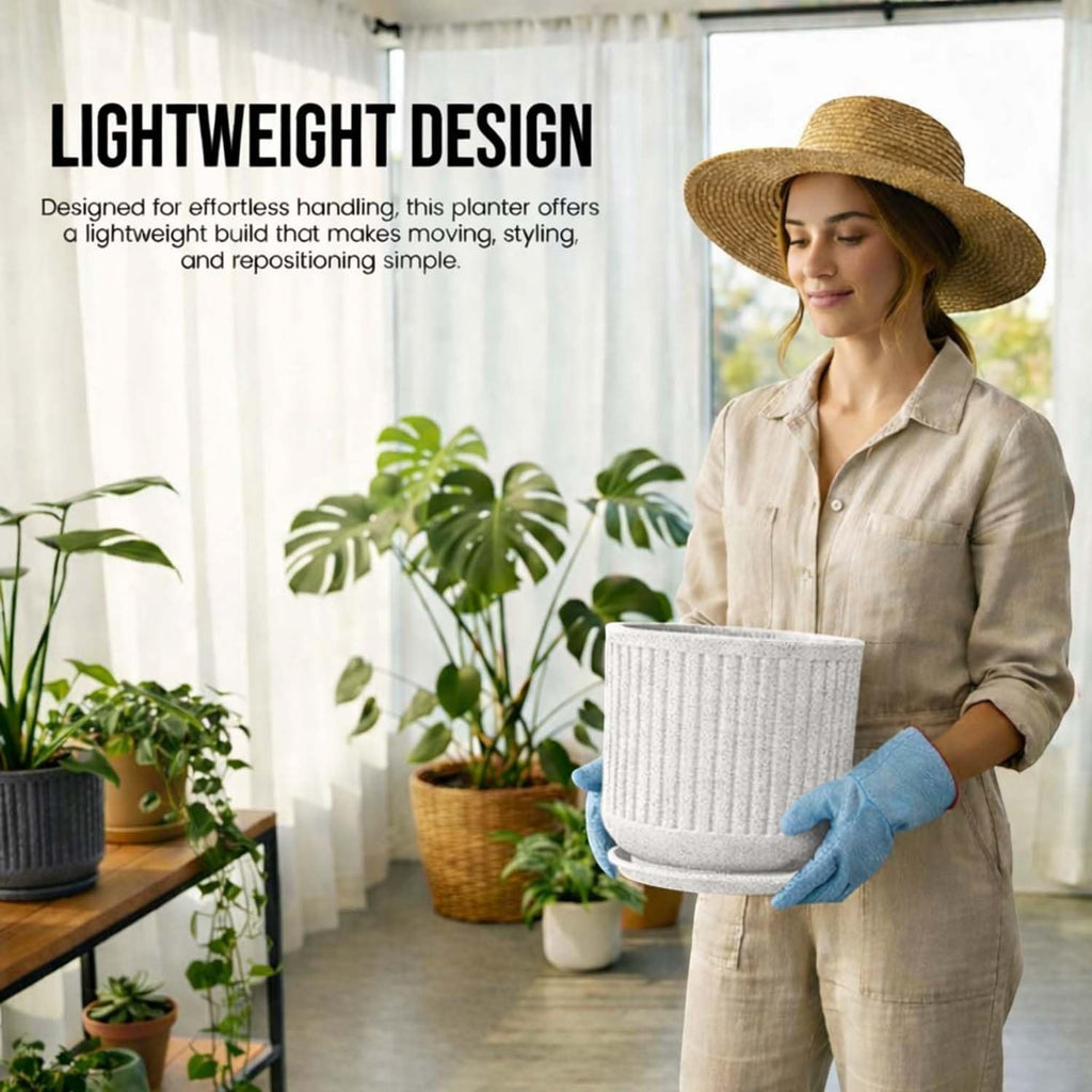 GoHooked white speckled polymer ribbed planter pot with matching tray, 15x14 inch, for indoor/outdoor plants.