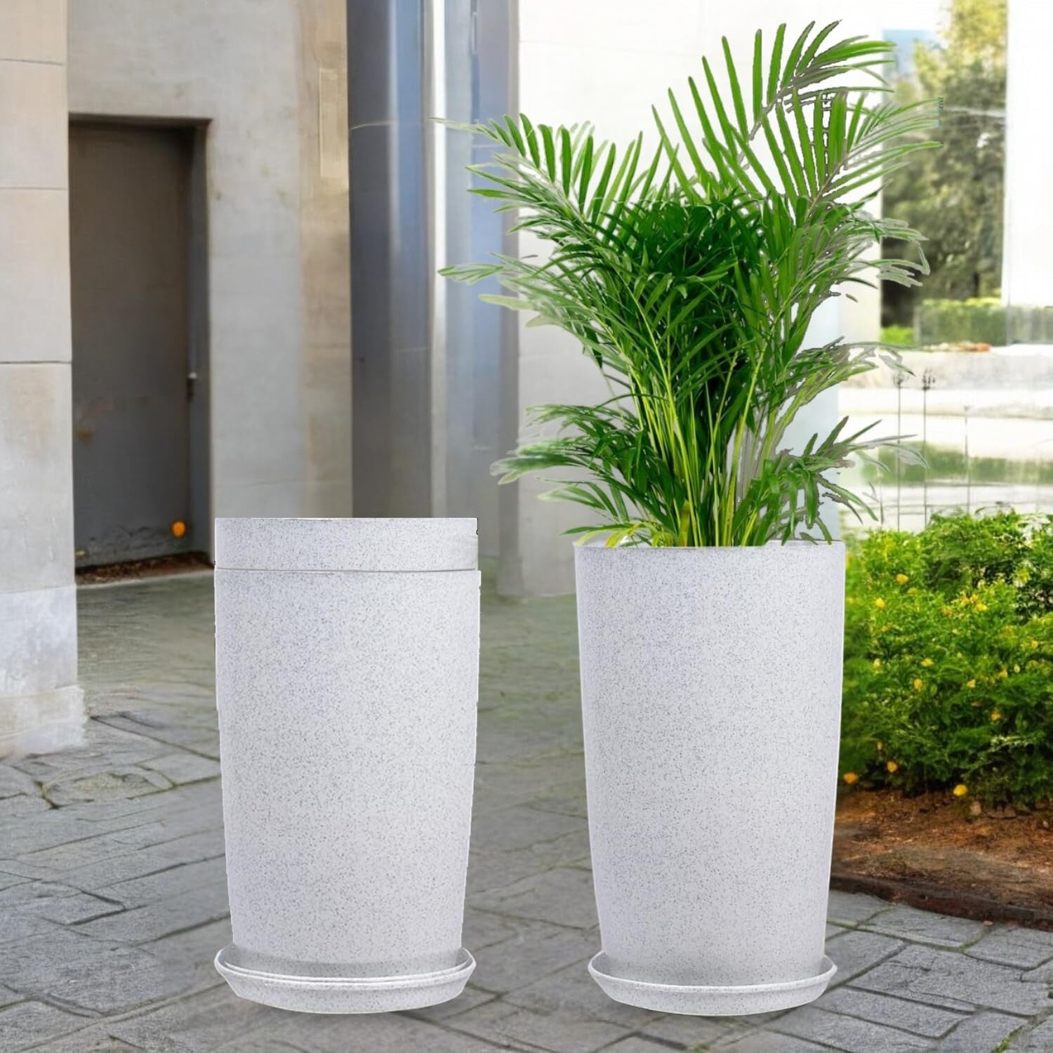 Go Hooked white speckled 18-inch tower planters with saucers, lightweight and durable for indoor/outdoor use.