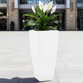 Go Hooked tall white square polymer planter with a peace lily plant, perfect for modern indoor or outdoor decor.
