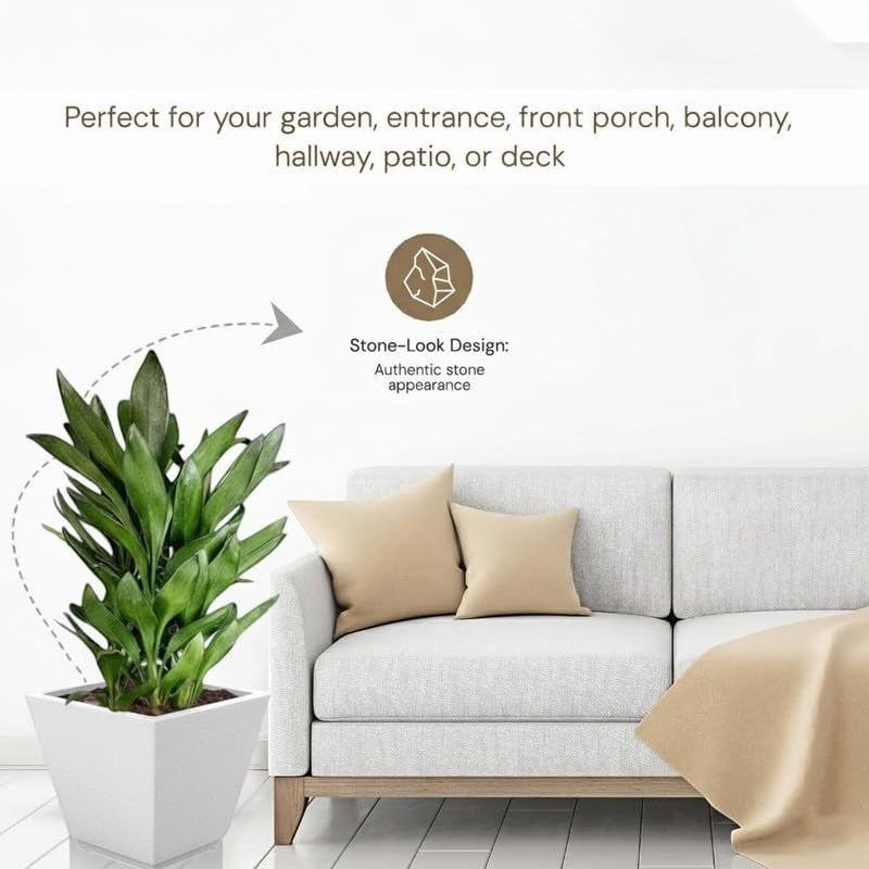 Go Hooked 10-inch white square polymer planter with stone-look design, perfect for indoor/outdoor use.
