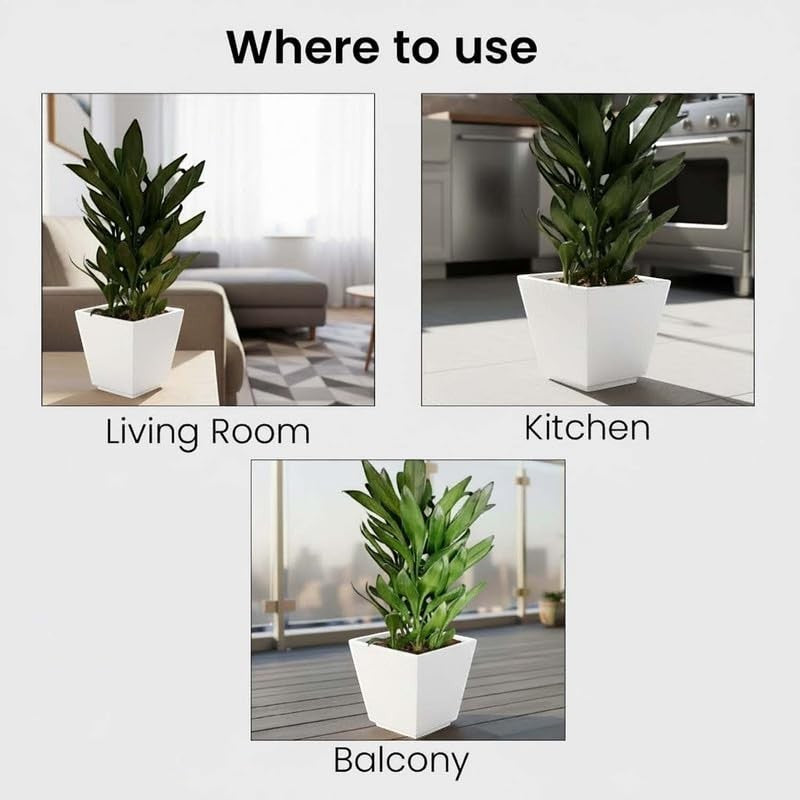 Go Hooked 10-inch white square polymer planter with drainage hole, suitable for indoor and outdoor use.