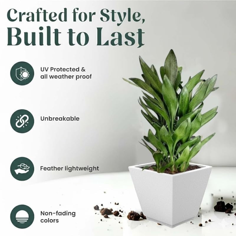 GoHooked 10-inch white square polymer planter pot with a plant. UV-resistant, unbreakable, lightweight, non-fading.