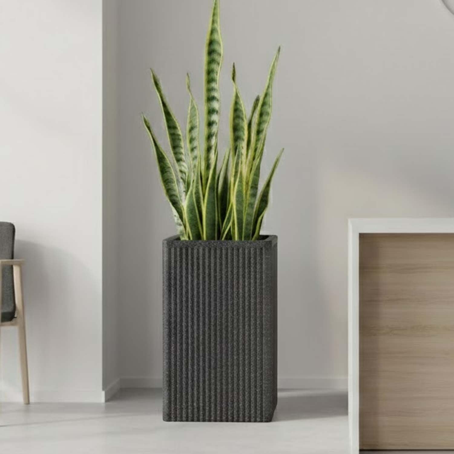 Go Hooked Grak Pot 10×16 Inch White | Tall Square Polymer Planter with Granite Ribbed Design | Lightweight Decorative Plastic Flower Pot for Indoor Outdoor Plants, Balcony Corners & Home Garden Décor