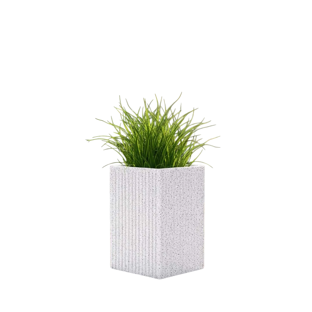 GoHooked white tall square polymer planter with ribbed granite texture and a green plant.