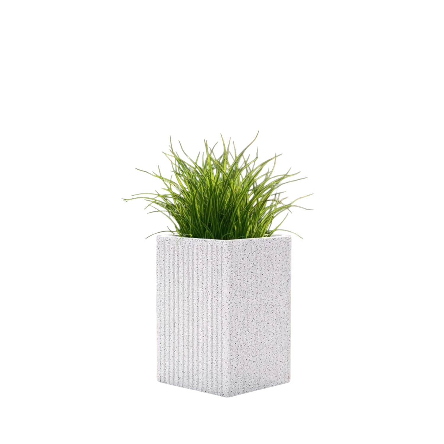 GoHooked white tall square polymer planter with ribbed granite texture and a green plant.