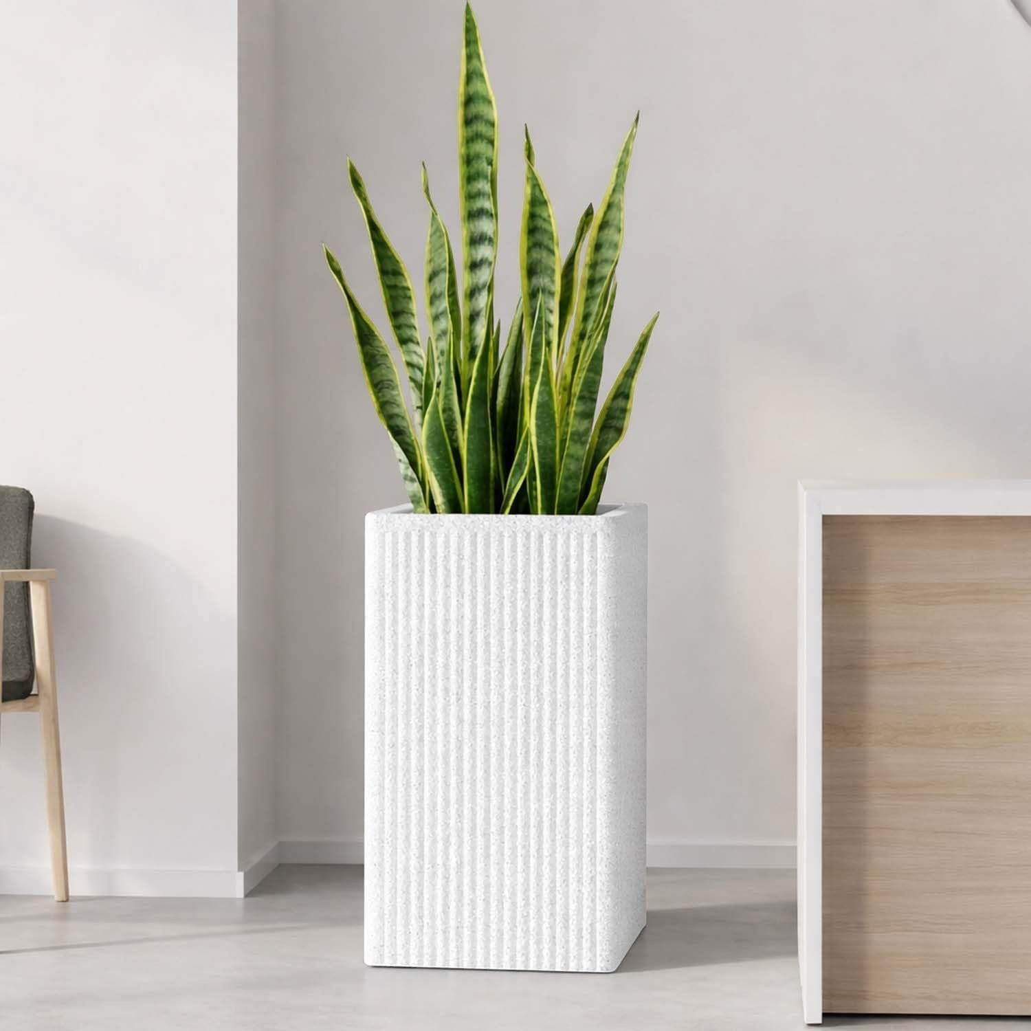 Go Hooked Grak Pot 10×16 Inch White | Tall Square Polymer Planter with Granite Ribbed Design | Lightweight Decorative Plastic Flower Pot for Indoor Outdoor Plants, Balcony Corners & Home Garden Décor