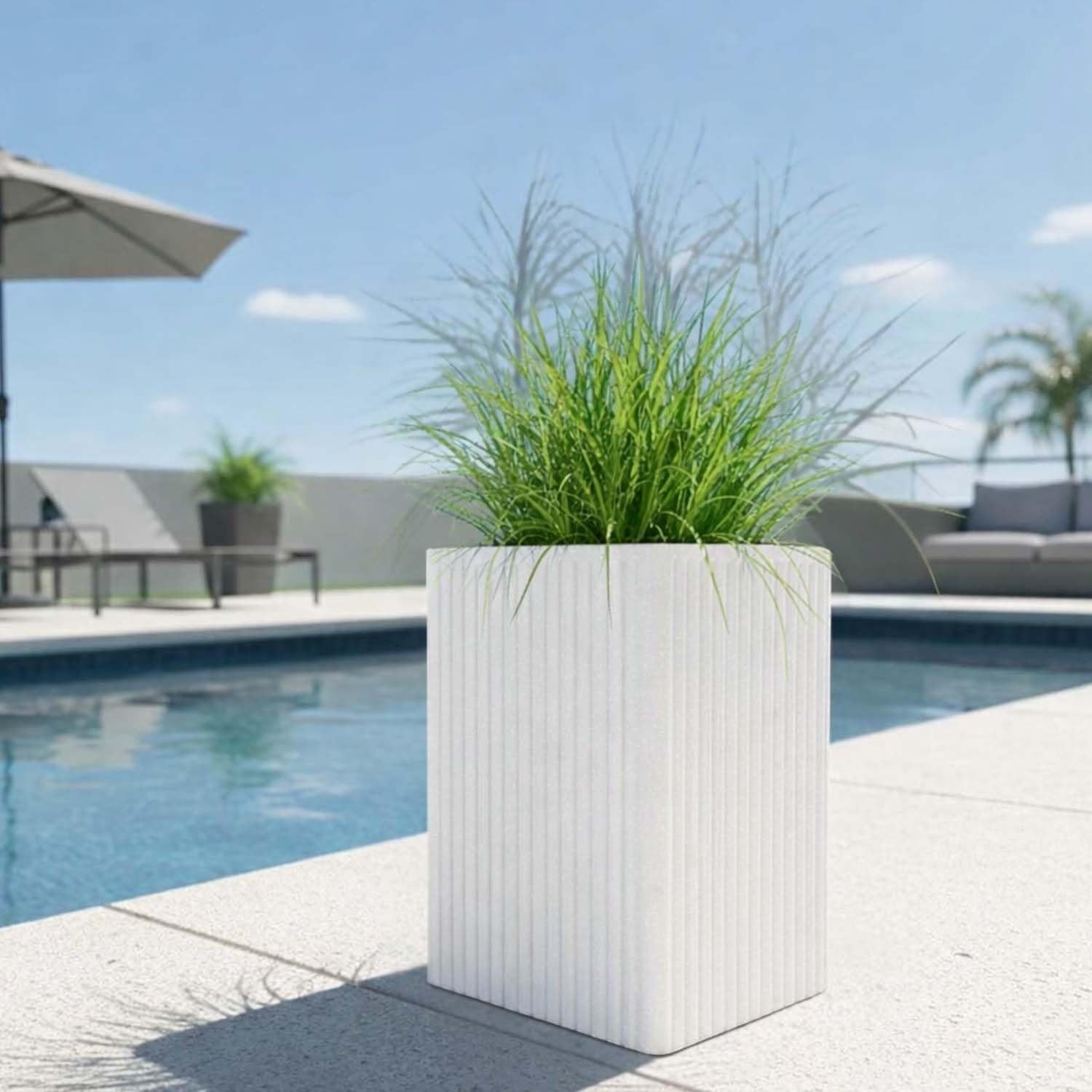 GoHooked white tall square polymer planter with ribbed granite texture, 10x16 inches, for indoor/outdoor plants.