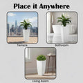 GoHooked white square polymer planter with a modern, tapered design. Shown on a terrace, in a bathroom, and living room.